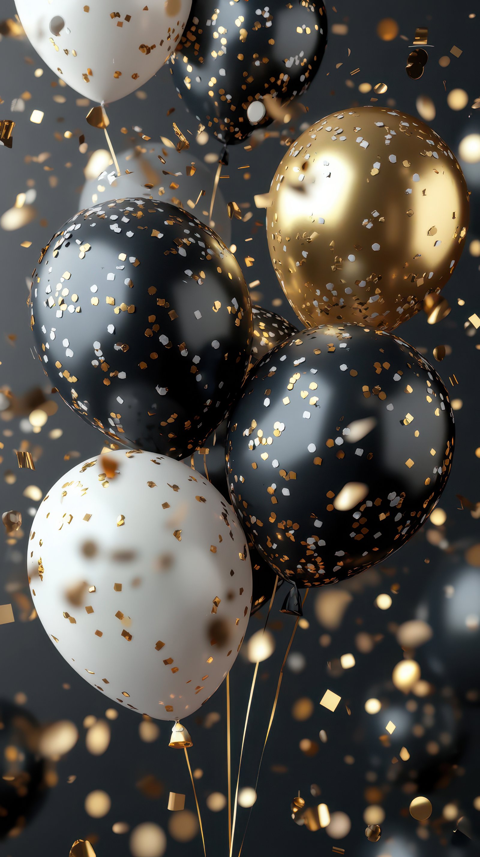 Celebration with elegant black, white, and gold balloons filled with confetti against a dark backdrop at a festive event